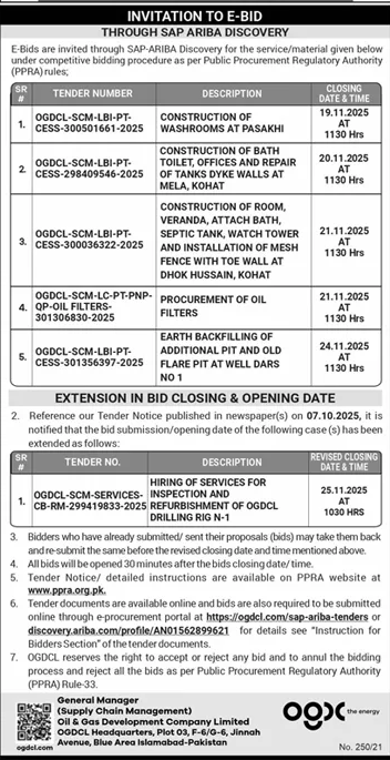 Oil & Gas Development Company Limited Islamabad Tender Notice